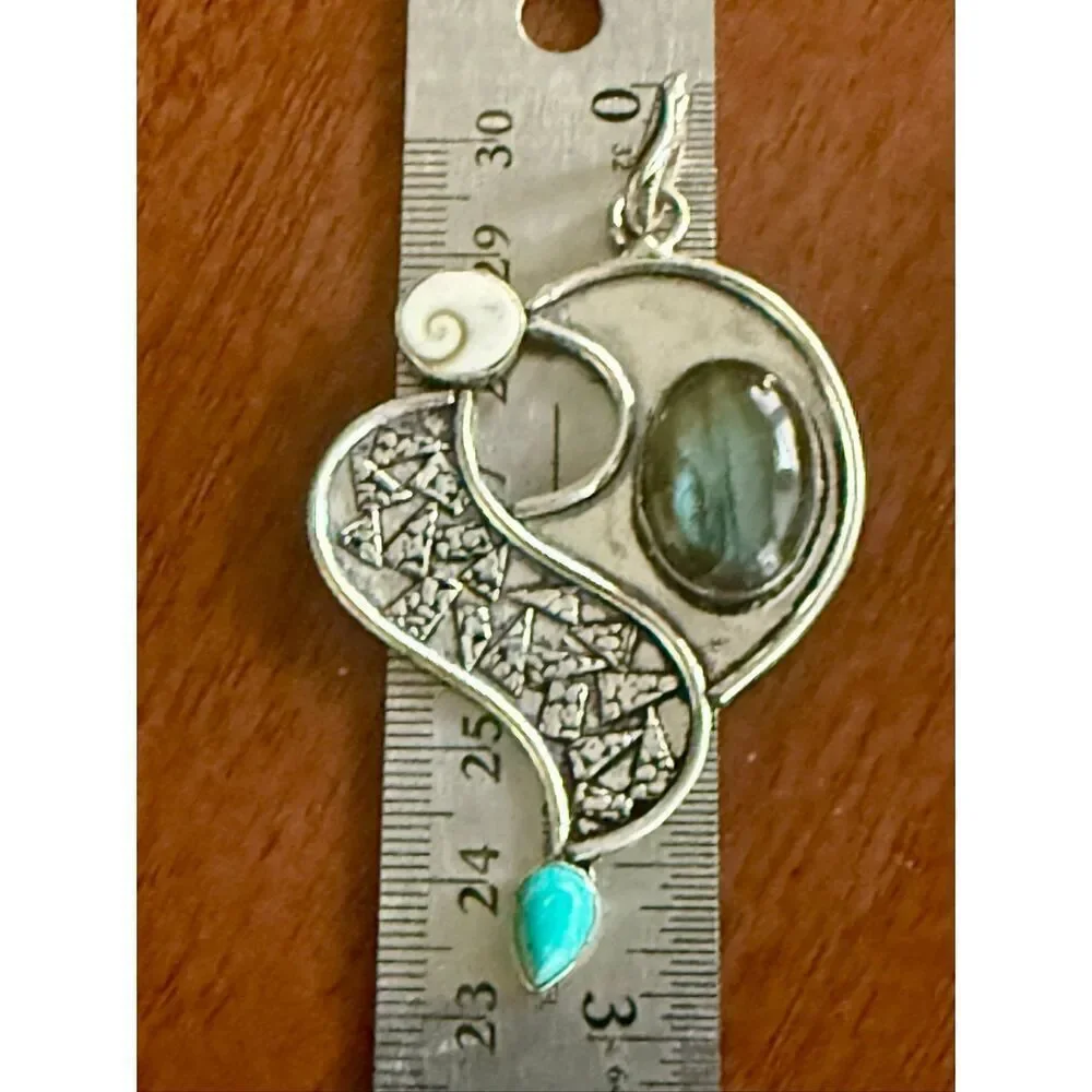 Mixed Stone Pendant Silver Necklace Labradorite, Turquoise, Shiva Eye Shell Boho